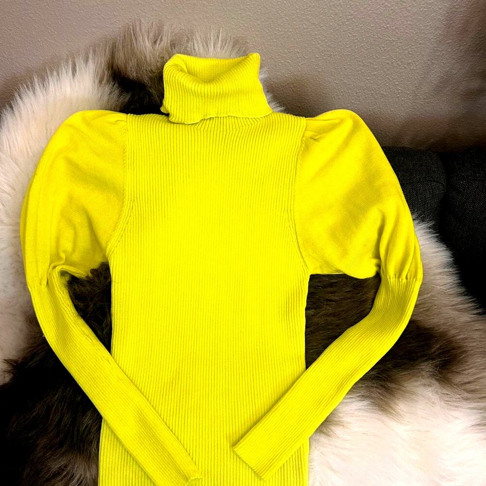 Yellow Ribbed Turtleneck Sweater Small Puff Sleeve Cozy Chic Bright Soft